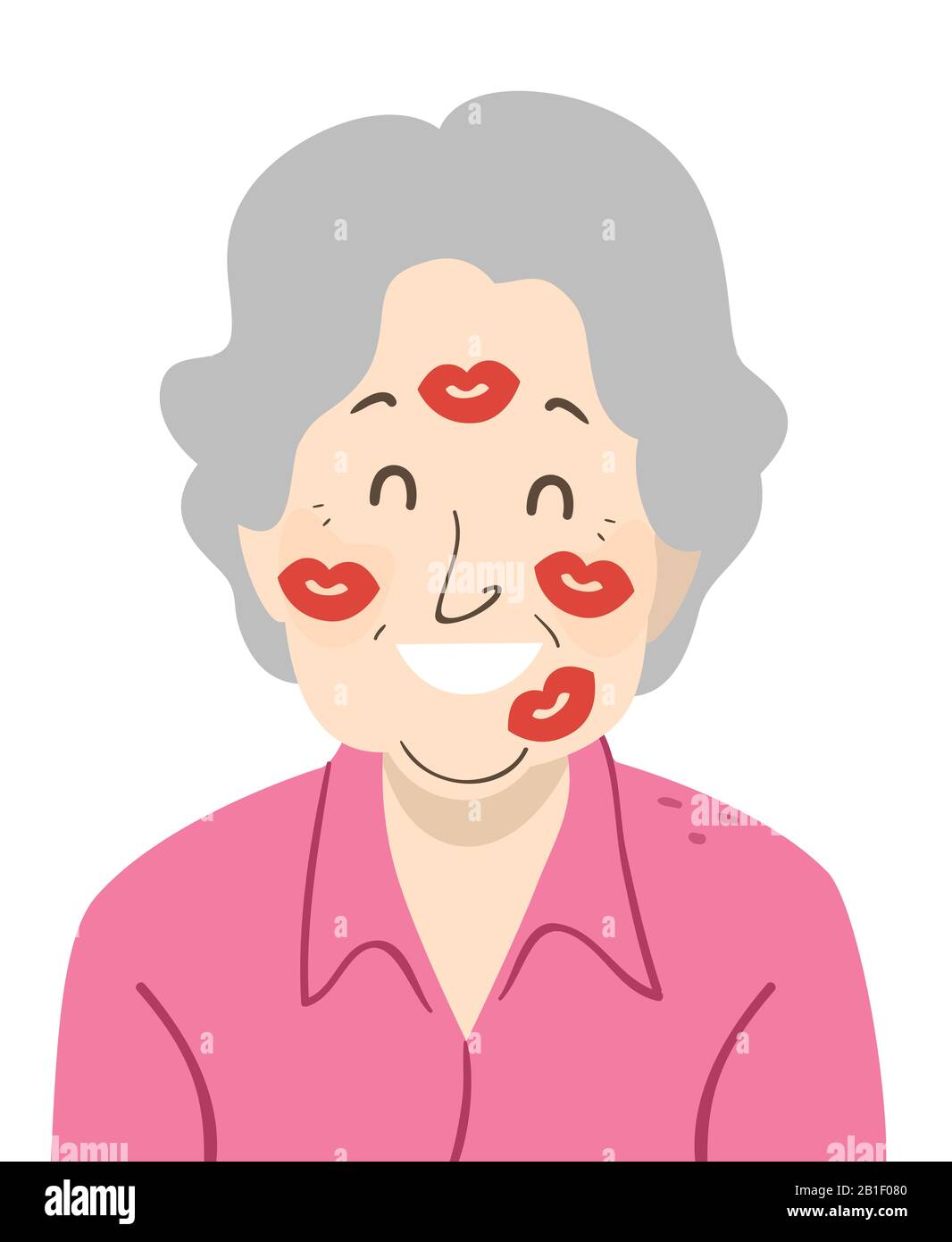 Illustration of a Senior Woman or Grandmother with Kisses or Kiss Marks on Her Face from Grandkids Stock Photo