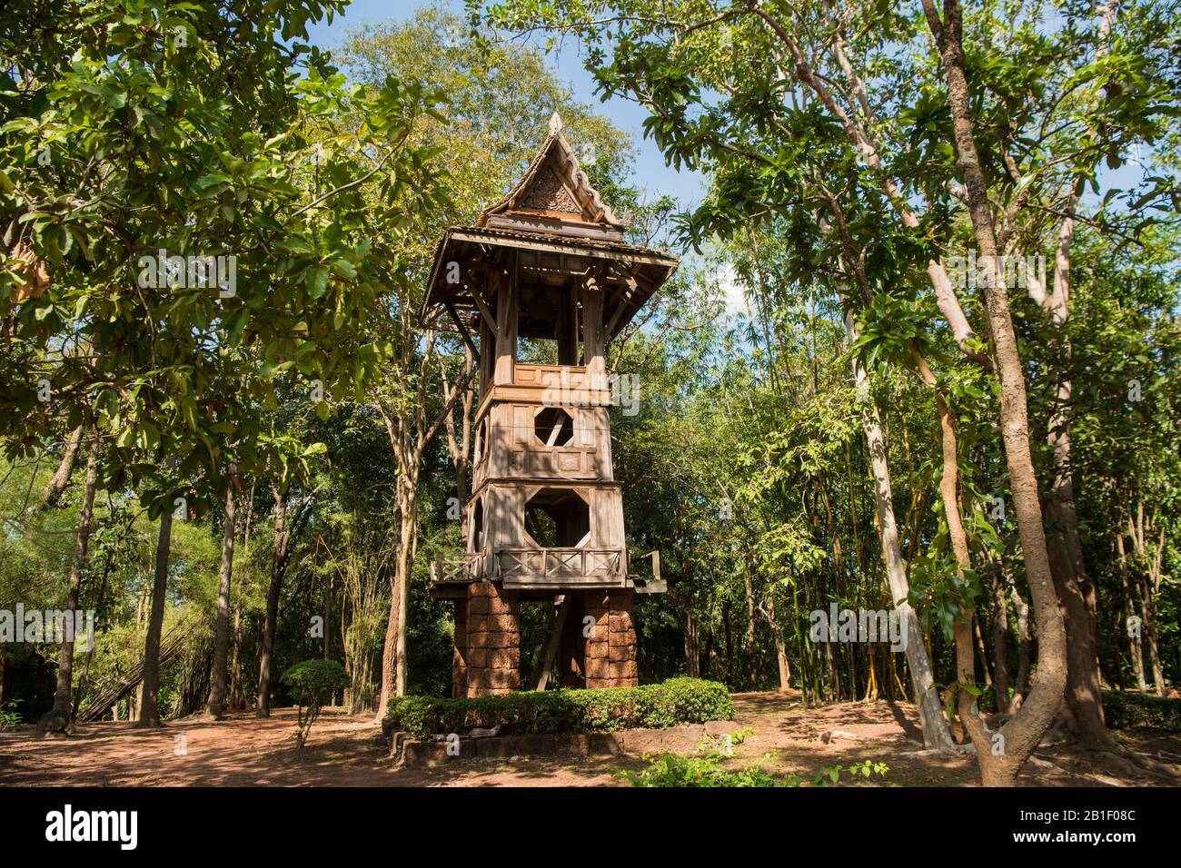 a traditional wood Toer at the Wat Chang Rob Temple in the town of Kamphaeng Phet in the Kamphaeng Phet Province in North Thailand.   Thailand, Kampha Stock Photo