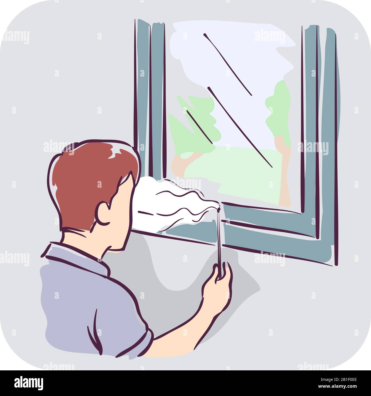 Illustration of a Man Using Incense and Smoke to Check for Window Gaps for Air Leaks Stock Photo