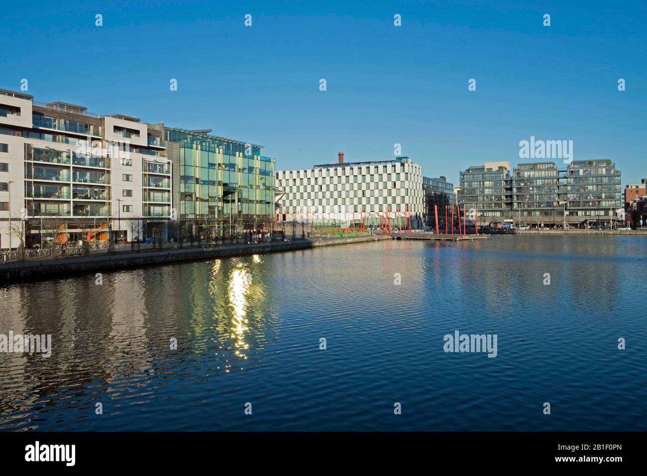 Ireland, Dublin, Grand Canal Dock with facade of The Marker Hotel Photo