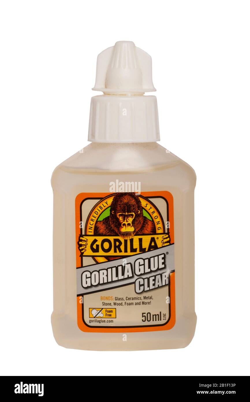 A tub of Gorilla clear glue on a white background Stock Photo