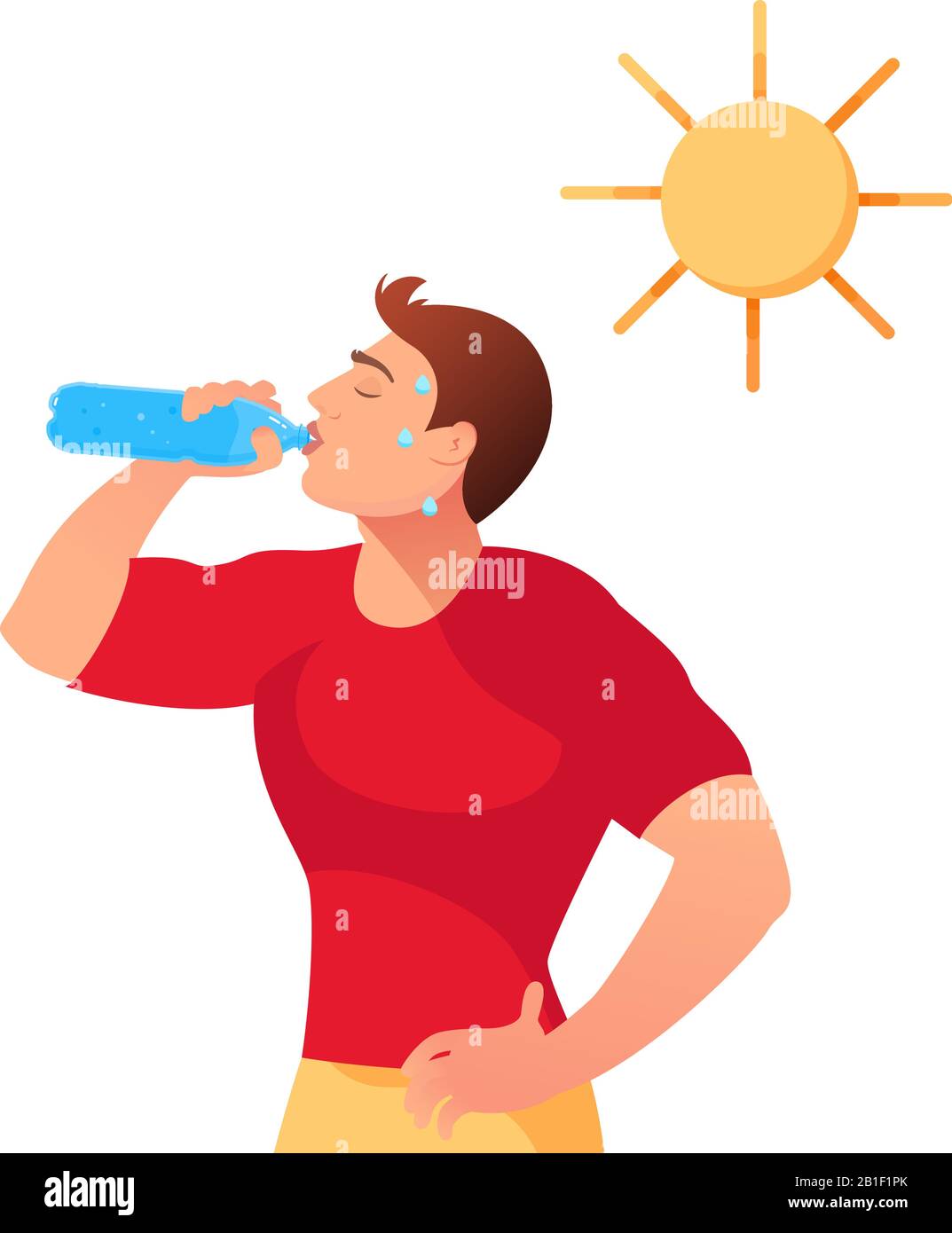 Abnormal hot weather concept. Cartoon young man drinks water from a plastic  bottle under the scorching sun. Vector illustration Stock Vector Image &  Art - Alamy