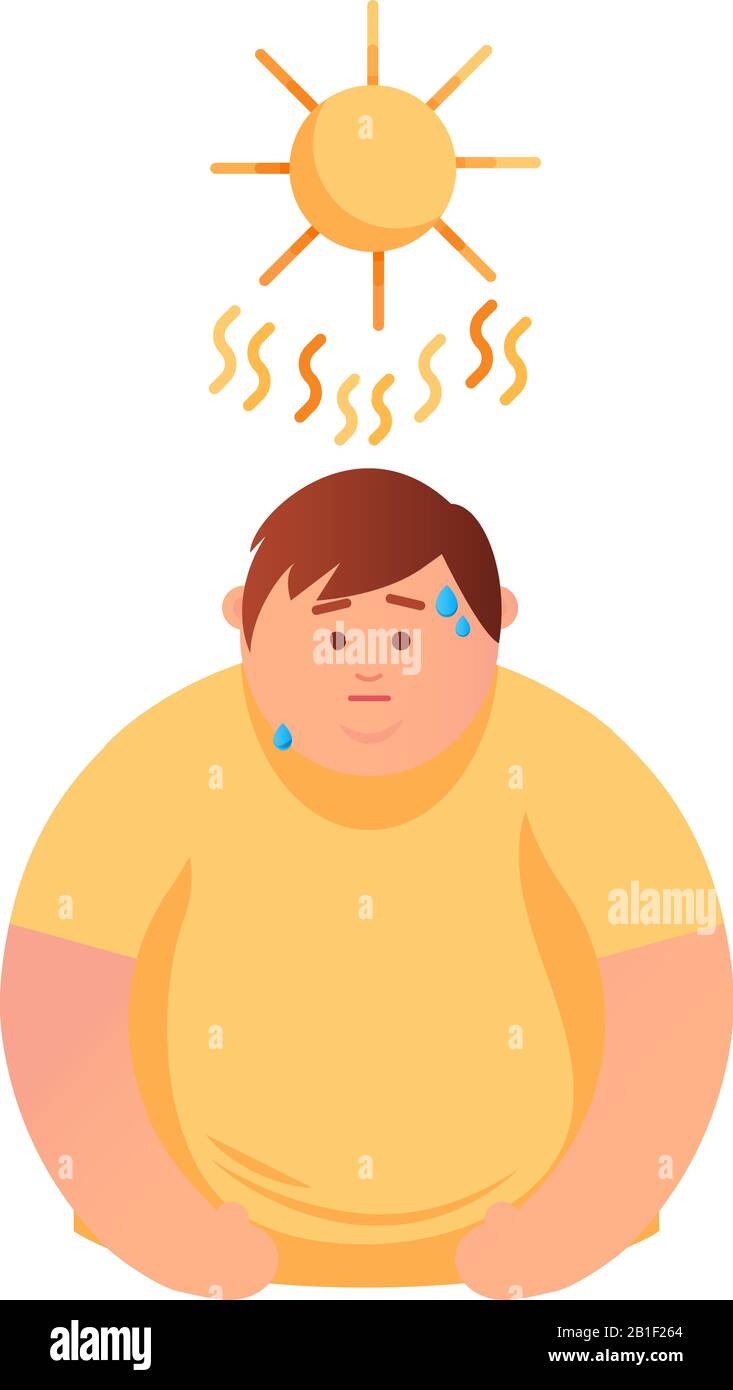 Cartoon vector illustration of a fat man sweats from abnormal hot weather under the sun, flat lay style. Hot weather, summertime season Stock Vector