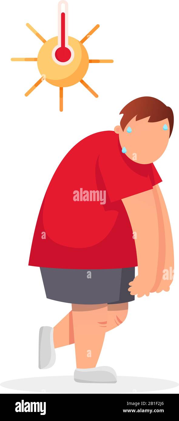 Tired unhappy person character is walking under the sun with a thermometer. Vector flat cartoon illustration of heat wave Stock Vector