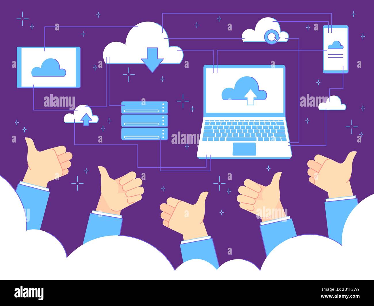 Thumbs up feedback. cloud computing and backups. Businessman with thumbs up gestures. Teamwork vector business concept Stock Vector