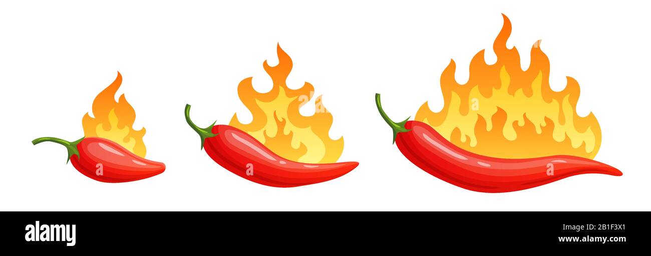 Cartoon hot peppers. Spicy pepper with fire flames and flames red chili