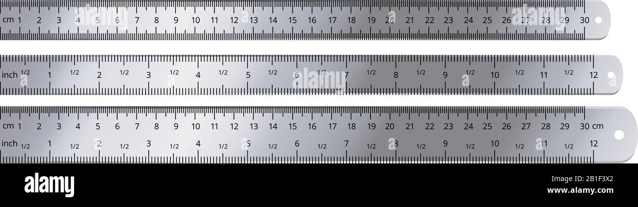 Realistic metal ruler. Measuring tool, 12 inches and 30 centimeters rulers isolated vector set Stock Vector