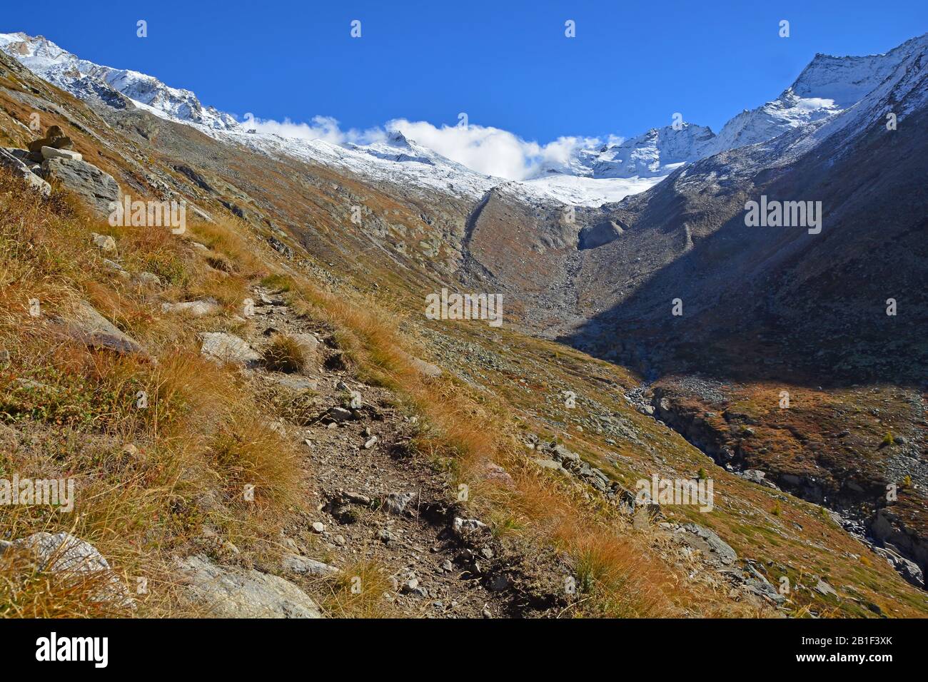 The Algamel Valley with the Sunnighorn on the border with Italy in the Swiss Alps above Saas Algamel Stock Photo