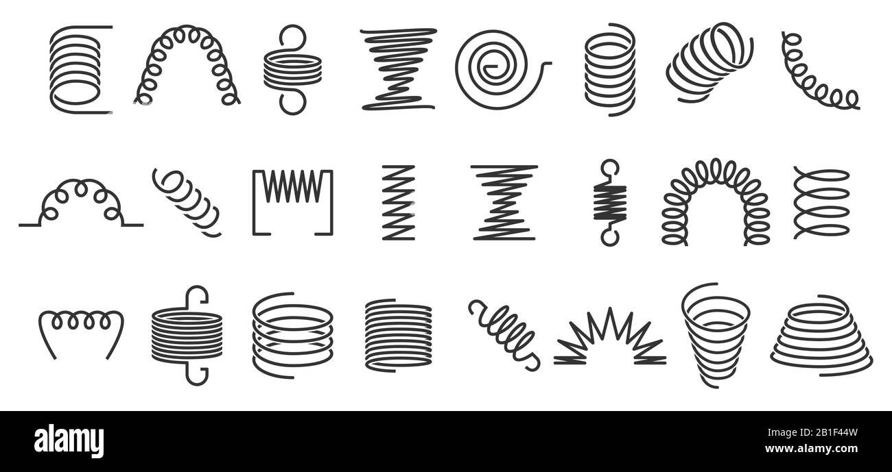 Spiral spring. Flexible coils, wire springs and metal coil spirals silhouette vector icons set Stock Vector