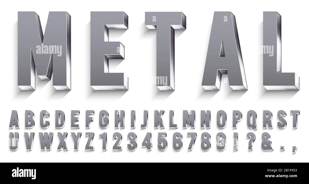 Realistic metal font. Shiny metallic letters with shadows, chrome text and metals alphabet 3D vector set Stock Vector