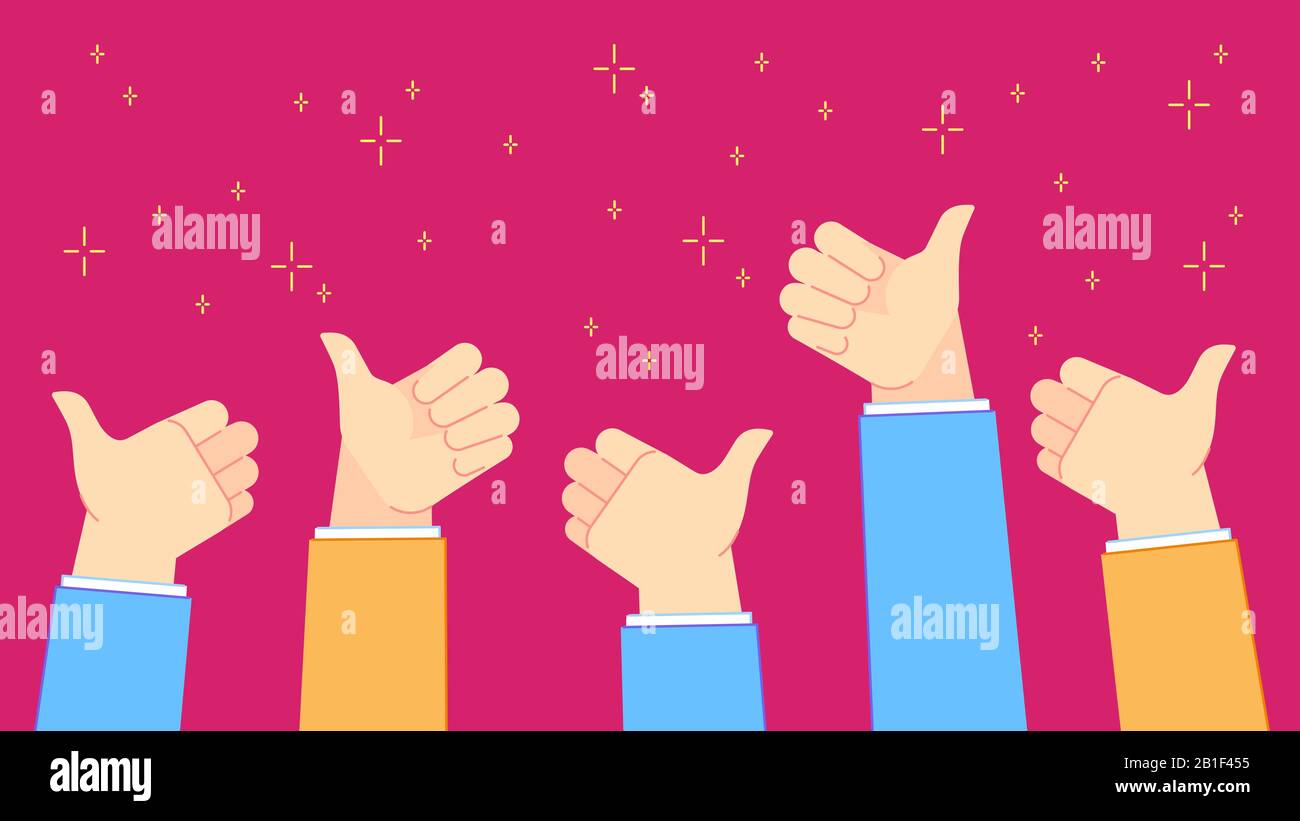 Thumb up feedback. Successful office people with thumbs up hand gestures, teamwork and positive congratulations vector illustration Stock Vector