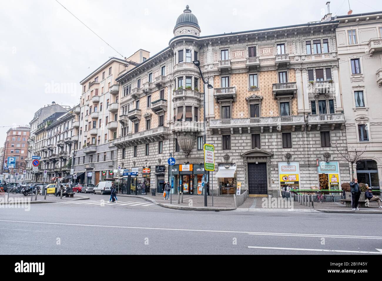Milan - Streets and empty sidewalks. Corso Buenos Aires Editorial Usage Only Stock Photo