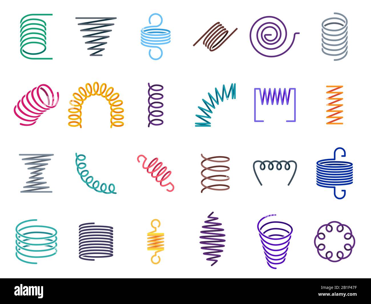 Color coil spirals. Metal coils, flexible wire springs and spiral spring vector icons set Stock Vector