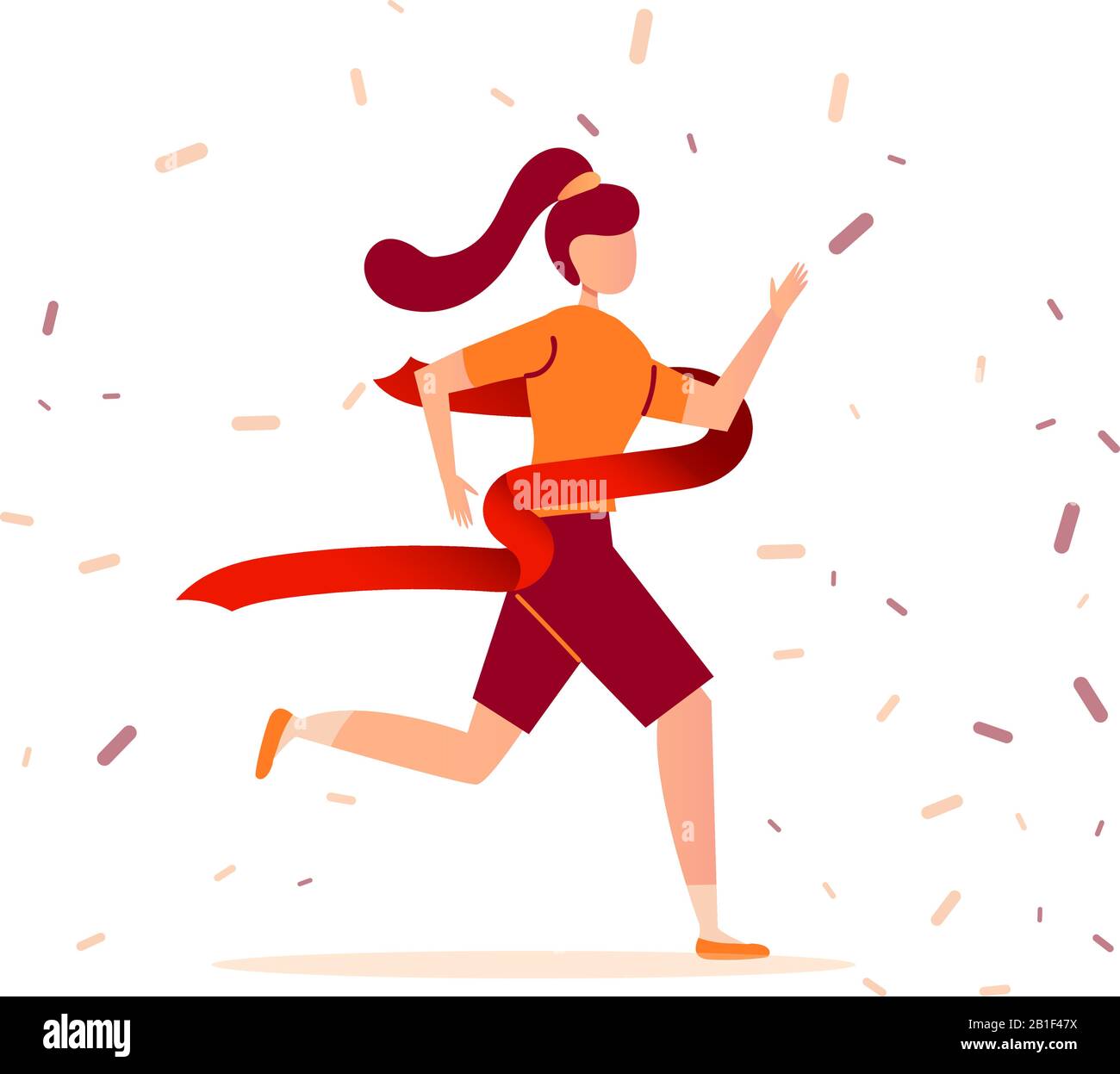 Young brunette athlete girl runs a marathon and finishes first the finish line. Victory in a sport running race. Vector illustration. Stock Vector
