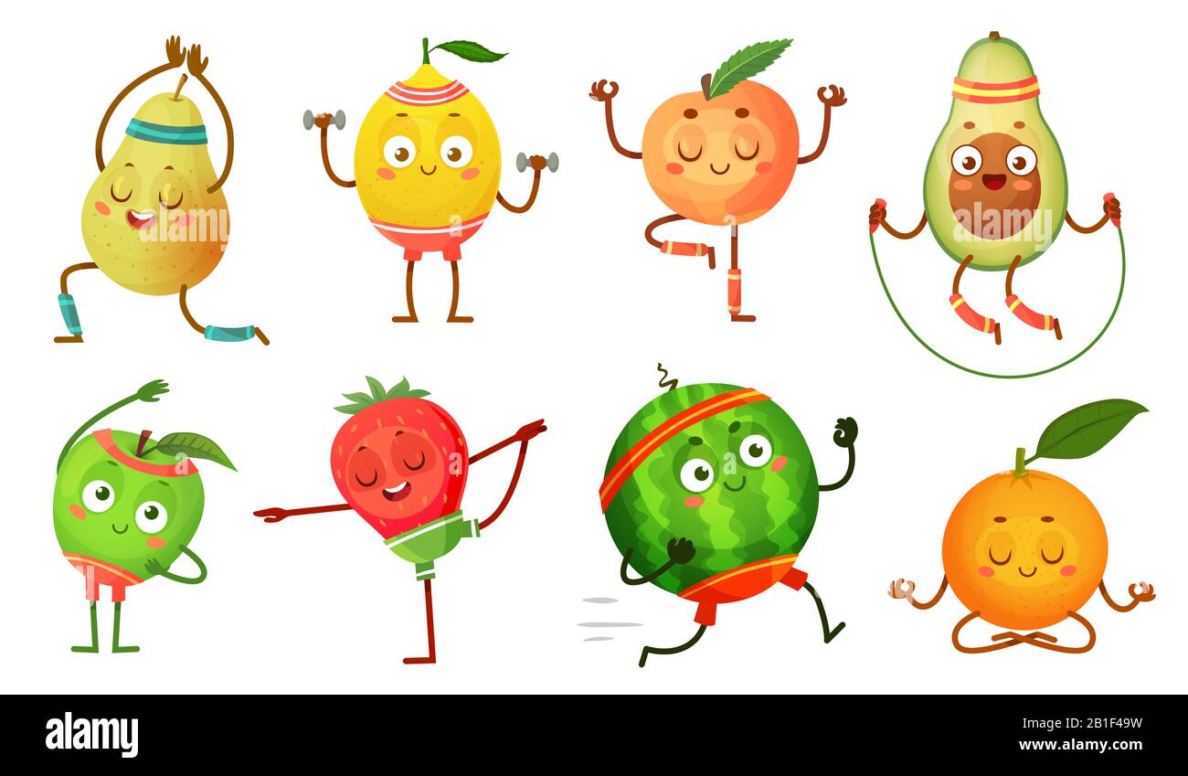 Fruit characters yoga. Fruits in fitness exercises poses, wellness food and funny sport fruit cartoon vector illustration set Stock Vector