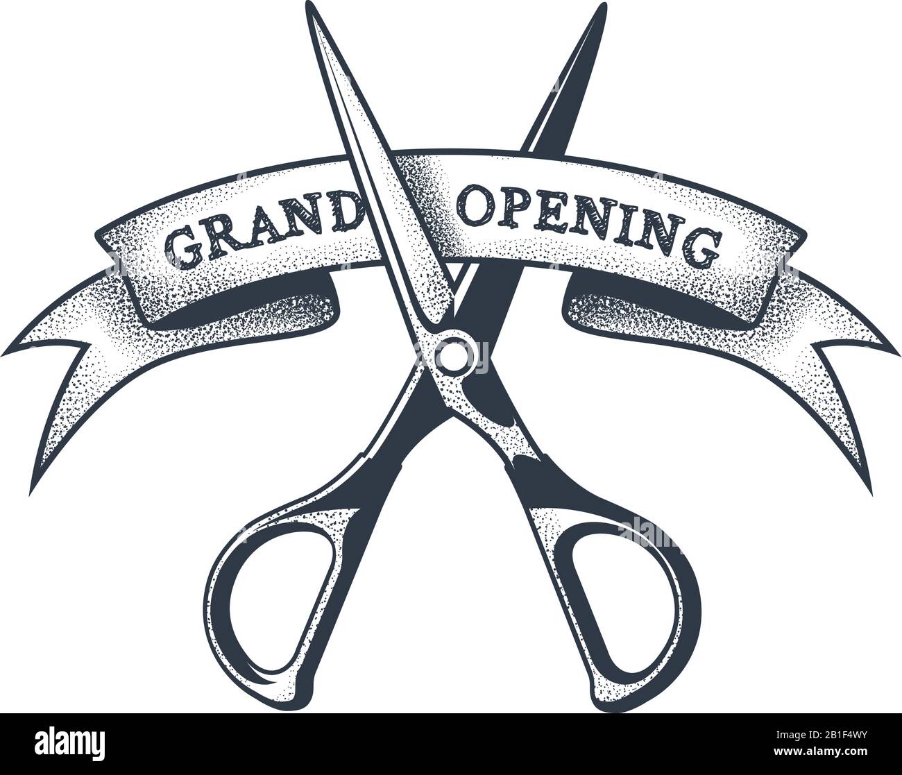 Grand opening banner - scissors cutting a ribbon, launching a project, vintage badge Stock Vector