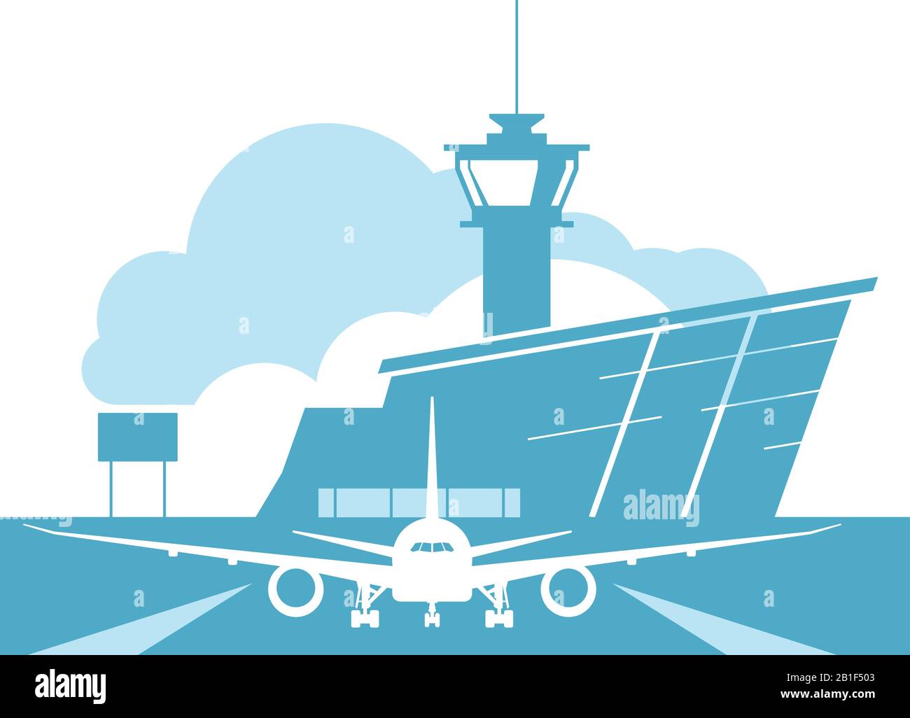 Airport terminal building and landing aircraft on landing strip, takeoff of airplane Stock Vector