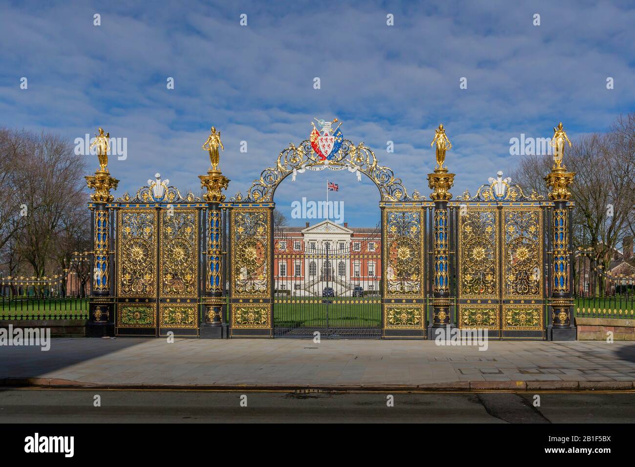 Refurbished Golden Gates at Warrington Town Hall, Sankey Street, Cheshire, England Stock Photo