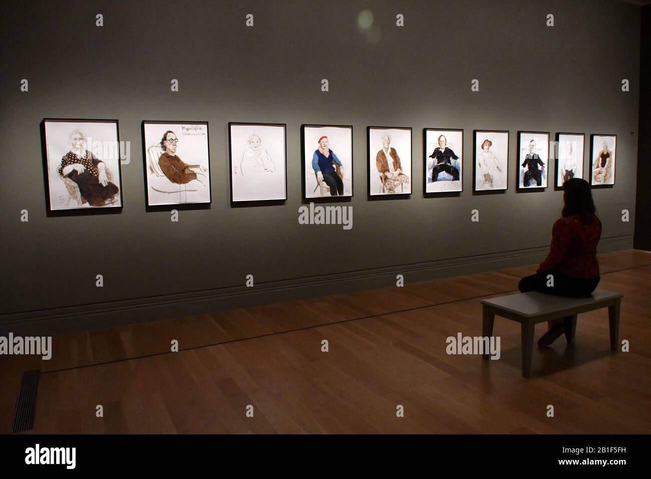 London, UK. 25th Feb, 2020. David Hockney, Ink on paper, 2019, (L-R 1-6) Celia Birtwell, (7) Maurice Payne and(8-10) Gregory Evans at David Hockney Drawing from Life exhibition. David Hockney, celebrated British artist presents exhibition dedicated to his drawings, featuring around 150 works created over five decades, at National Portrait Gallery, London London, UK - 25 February 2020 Credit: Nils Jorgensen/Alamy Live News Stock Photo