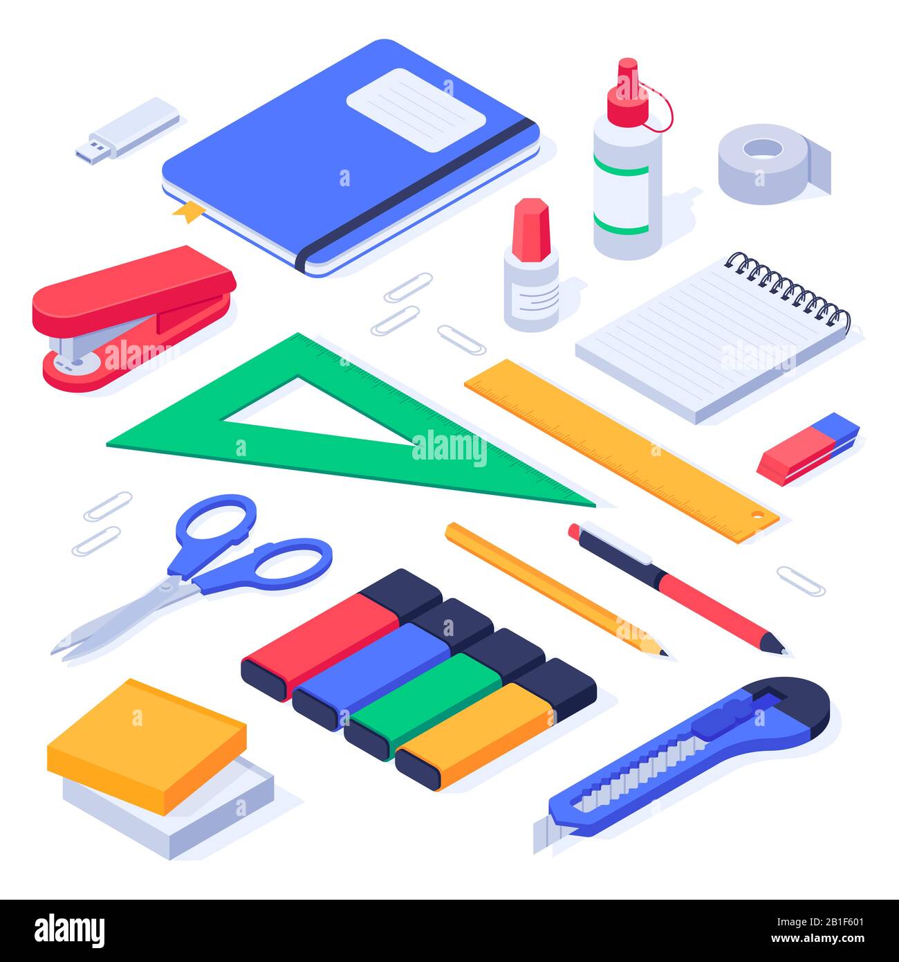 Isometric office supplies. School stationery tools, pencil eraser and pens 3d vector set Stock Vector