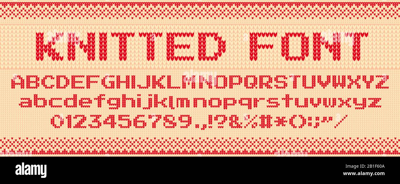 Knitted font. Christmas ugly sweater, knit letters and folk sweaters xmas text template vector illustration set Stock Vector