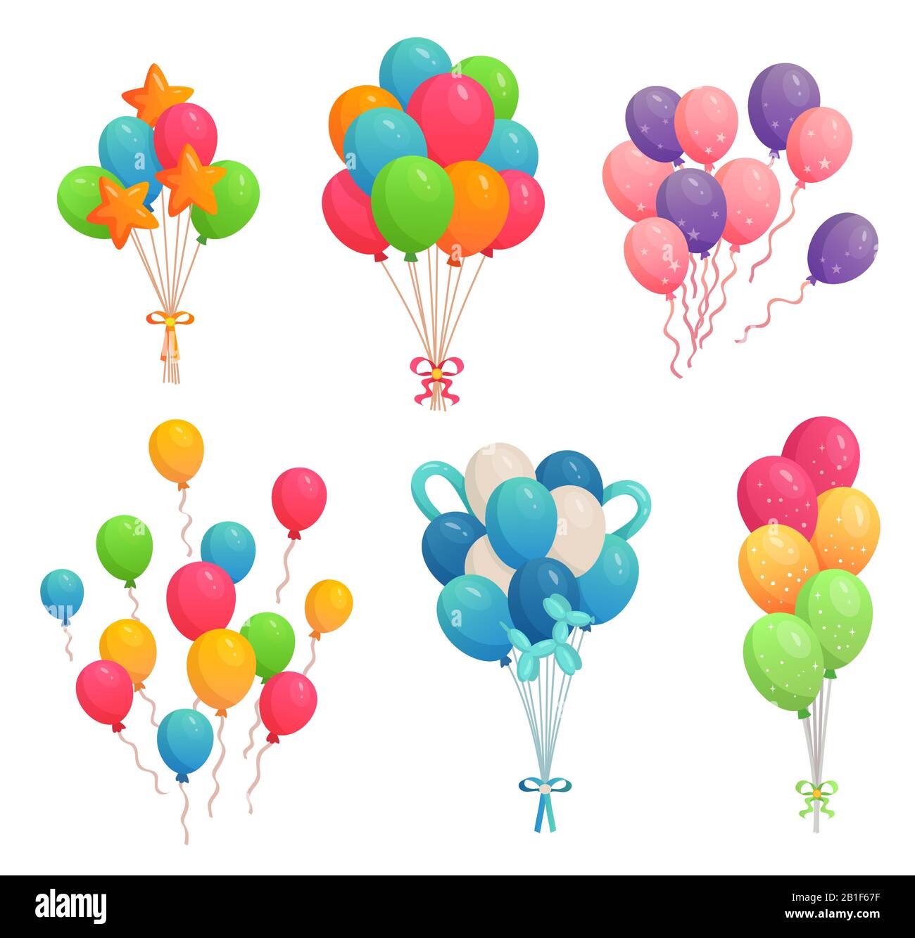 Cartoon birthday balloons. Colorful air balloon, party decoration and flying helium balloons on ribbons vector illustration set Stock Vector