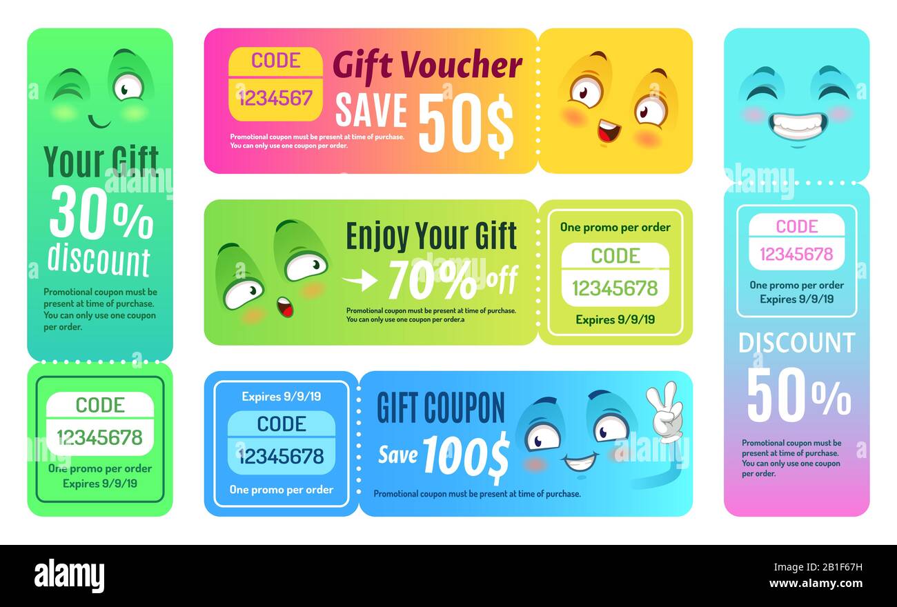 Smiling promo voucher. Happy gift coupon, funny deal vouchers and gifts code coupons template vector set Stock Vector