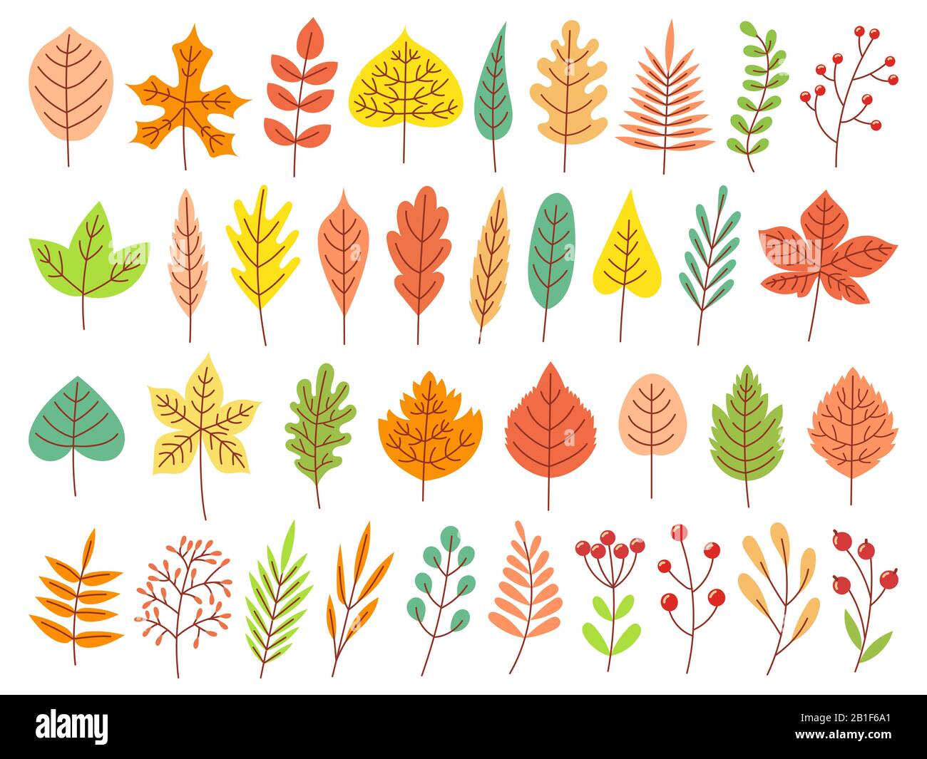 Autumn leaves. Yellow autumnal garden leaf, red fall leaf and fallen dry leaves flat vector set Stock Vector
