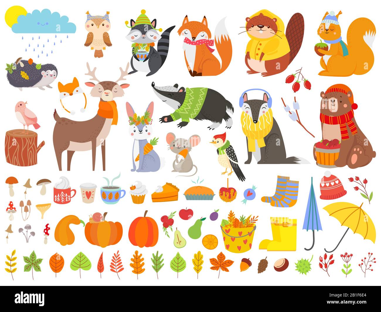 Autumn forest animals. Fall squirrel, funny bear and cute autumnal fox. Fallen leaves cartoon vector set Stock Vector