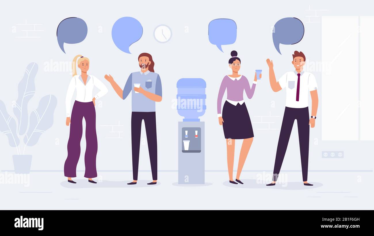 Water cooler talk. Office workers conversation, people drink water and