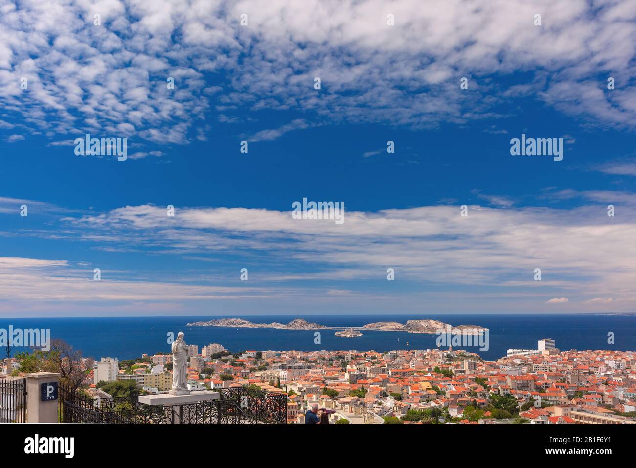Panoramic aerial view of Marseilles skyline, islands and harbor, Marseille, the second largest city of France Stock Photo