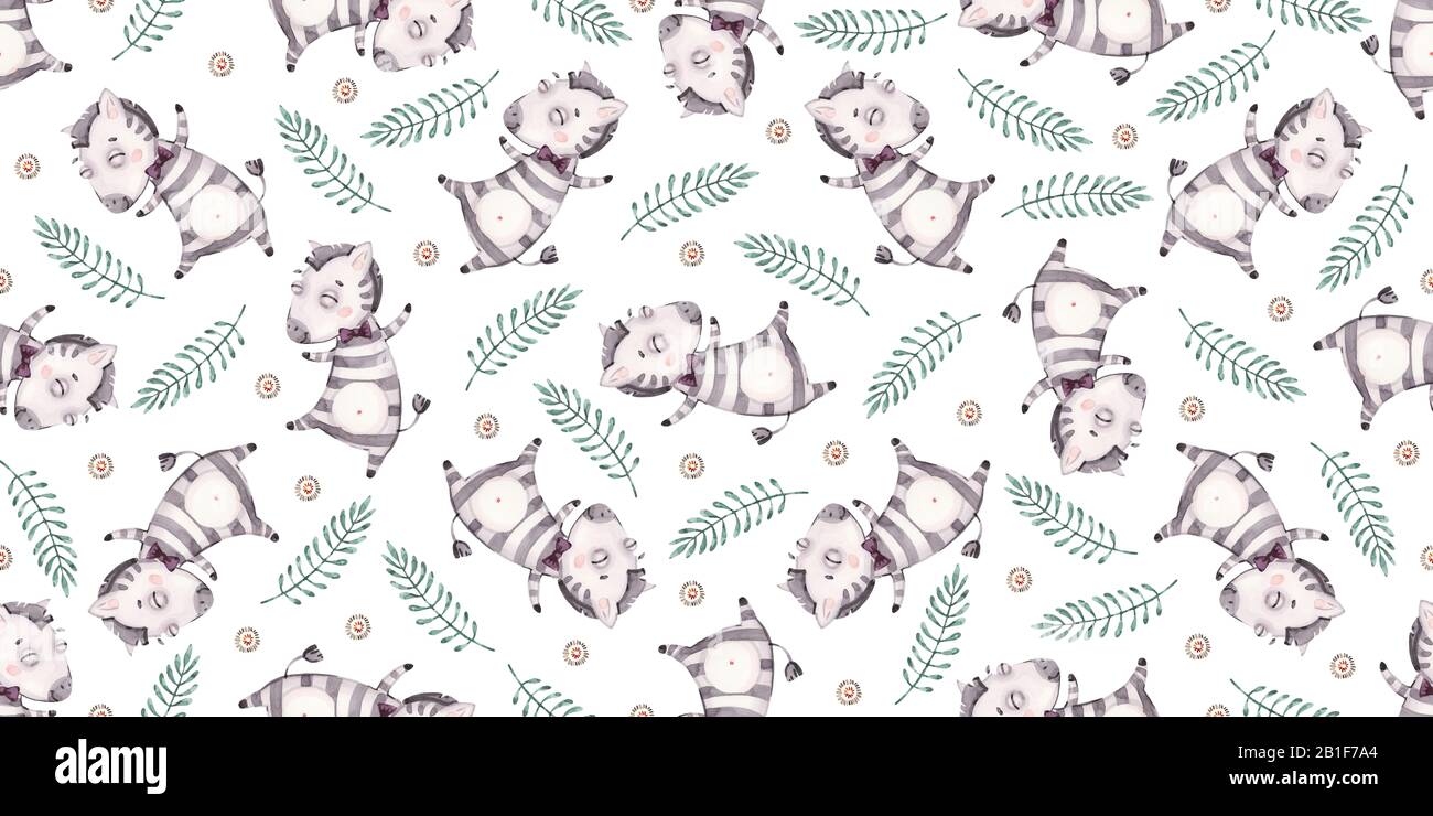 Baby nursery watercolor seamless pattern with hand drawn cute zebra ...