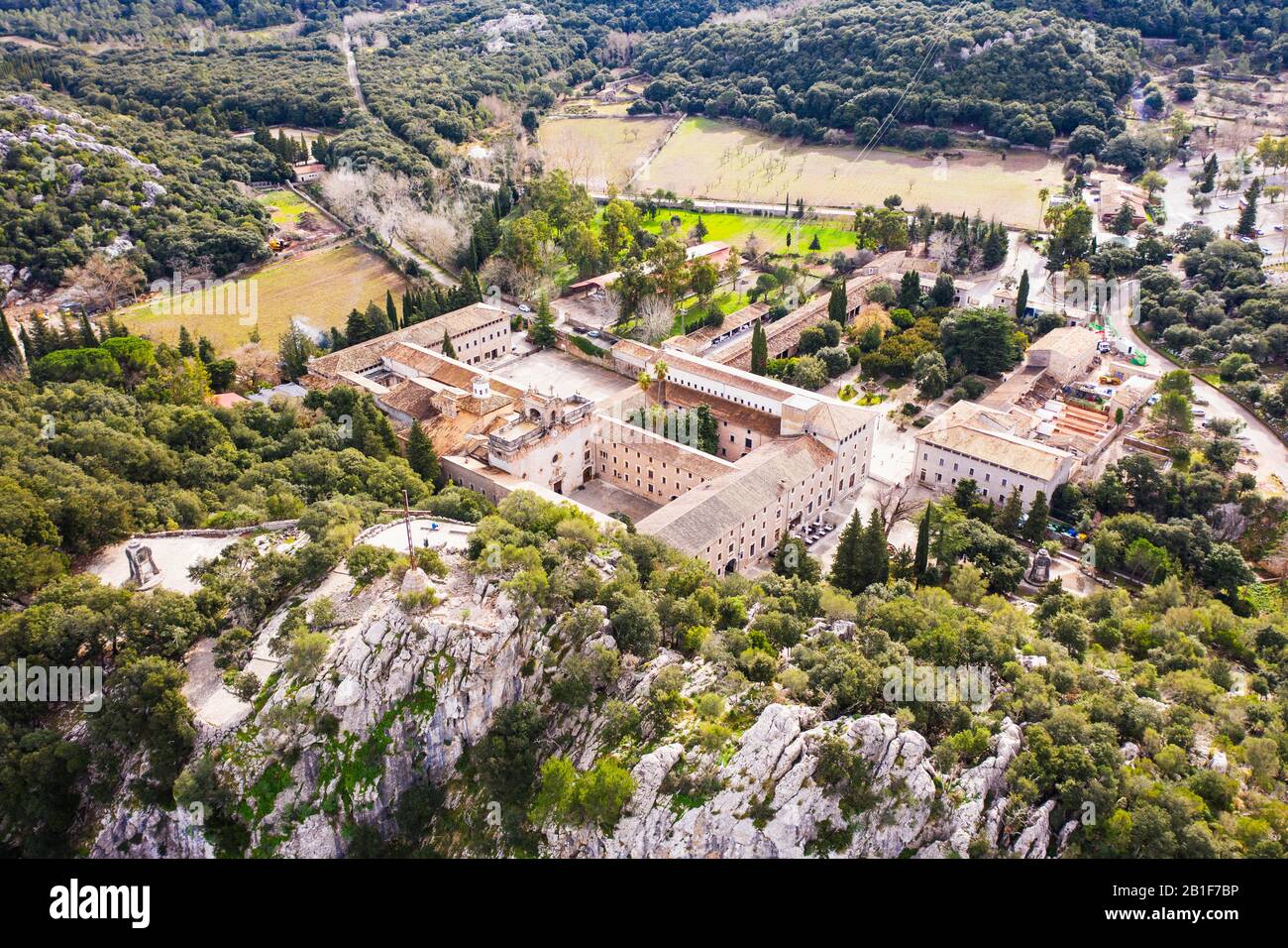 Lluc Monastery, Santuari de Lluc, Serra de Tramuntana, drone recording, Majorca, Balearic Islands, Spain Stock Photo