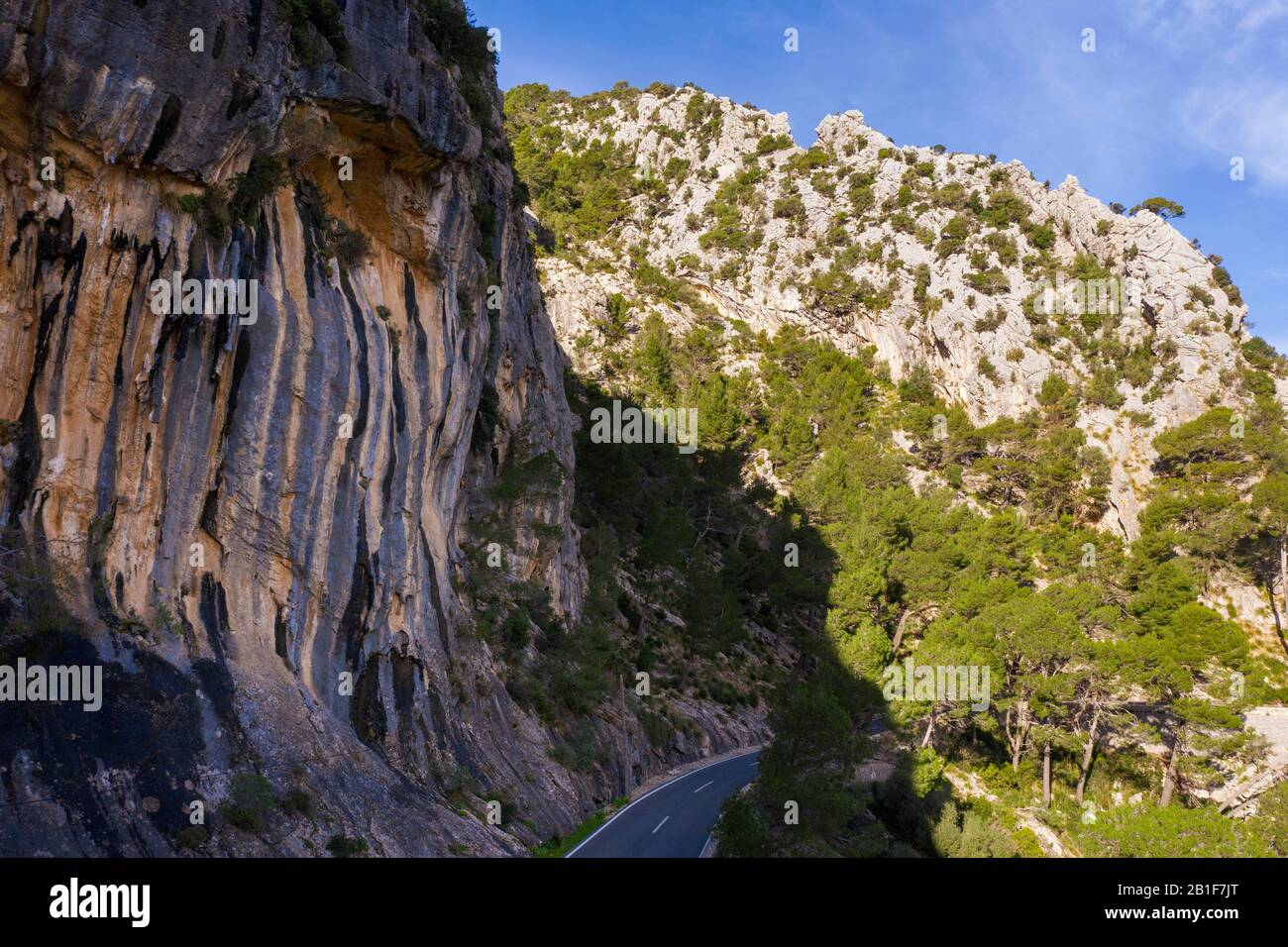 Rock formation at the Coll de Sa Bataia in the Serra de Tramuntana, aerial view, Majorca, Balearic Islands, Spain Stock Photo