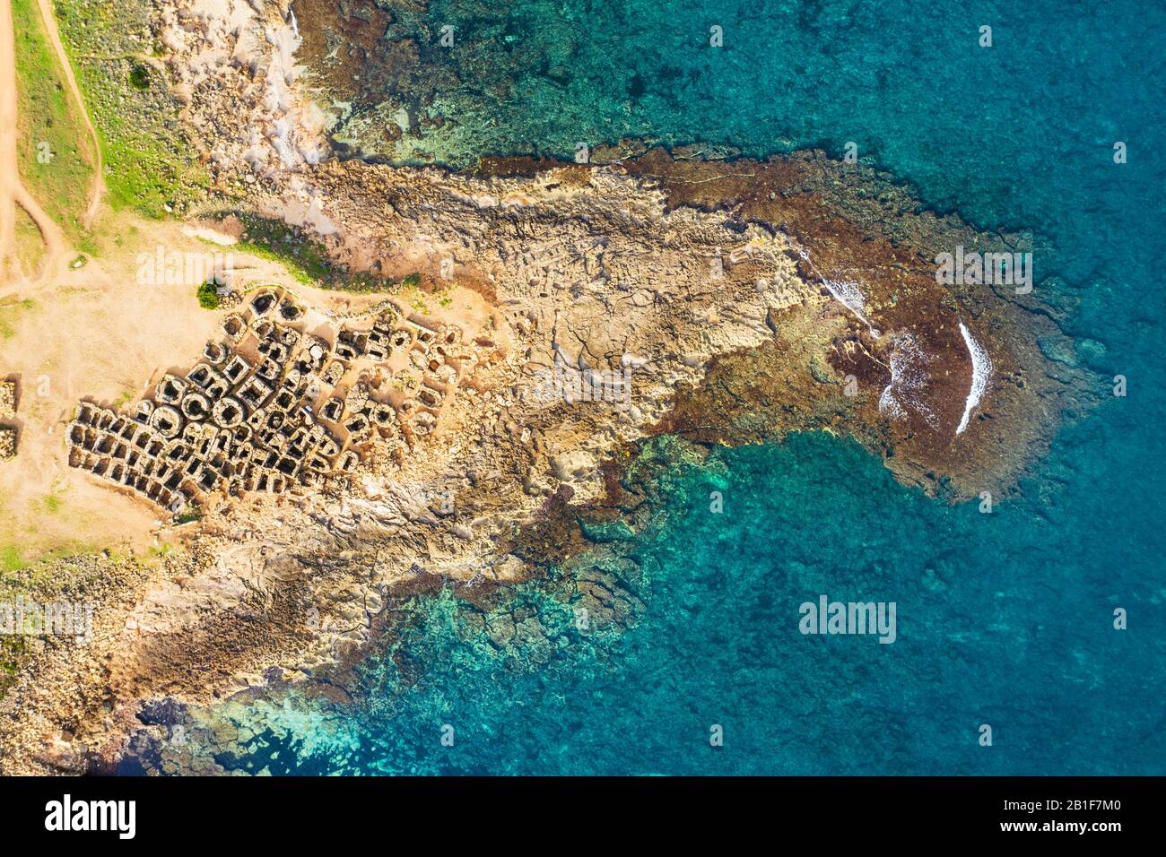 Necropolis of Son Real from above, Punta des Fenicis near Can Picafort, drone image, Majorca, Balearic Islands, Spain Stock Photo