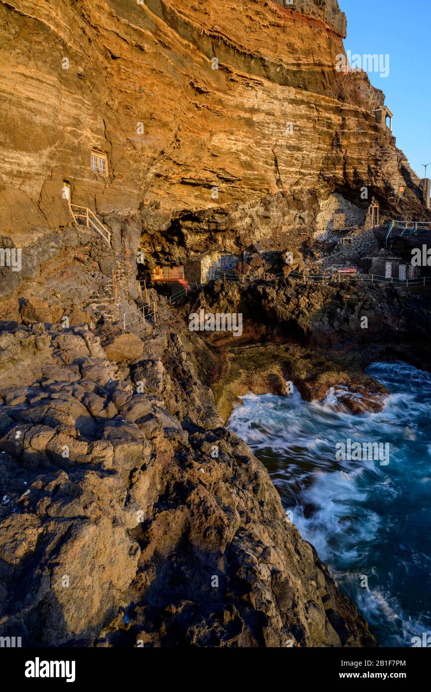 Rock apartment on the coast of La Palma, portrait format, Canary Islands, Spain Stock Photo