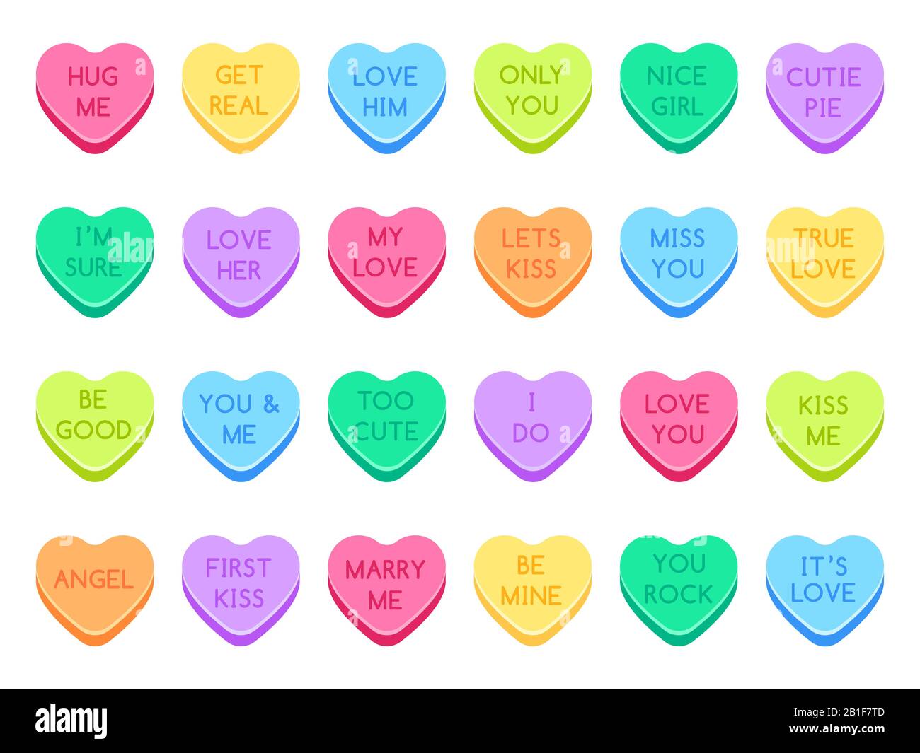 Sweetheart candy. Sweet heart candies, sweets valentines and conversation love hearts candies flat vector illustration set Stock Vector