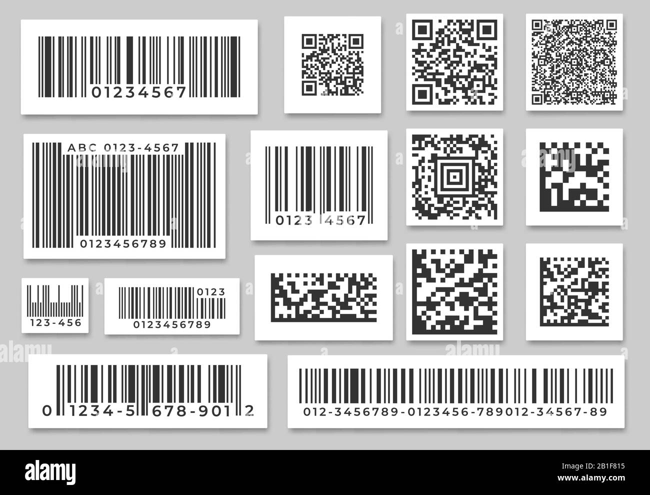 Barcode labels. Code stripes sticker, digital bar label and retail pricing bars labeling stickers. Industrial barcodes vector set Stock Vector