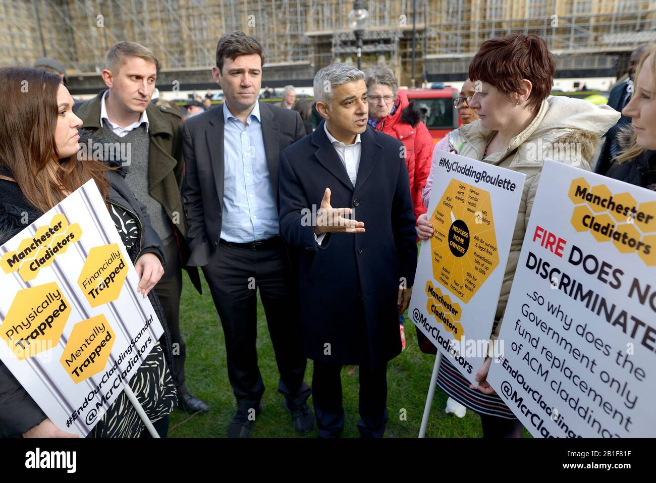 London, UK. 25th Feb, 2020. Mayor of Manchester Andy Burnham and Mayor of Salford Paul Dennett are joined by Sadiq Khan (Mayor of London) and Hilary Benn MP to lobby Government to take immediate action to support high rise residents living in unsafe buildings after the Grenfell Tower tragedy Credit: PjrFoto/Alamy Live News Stock Photo
