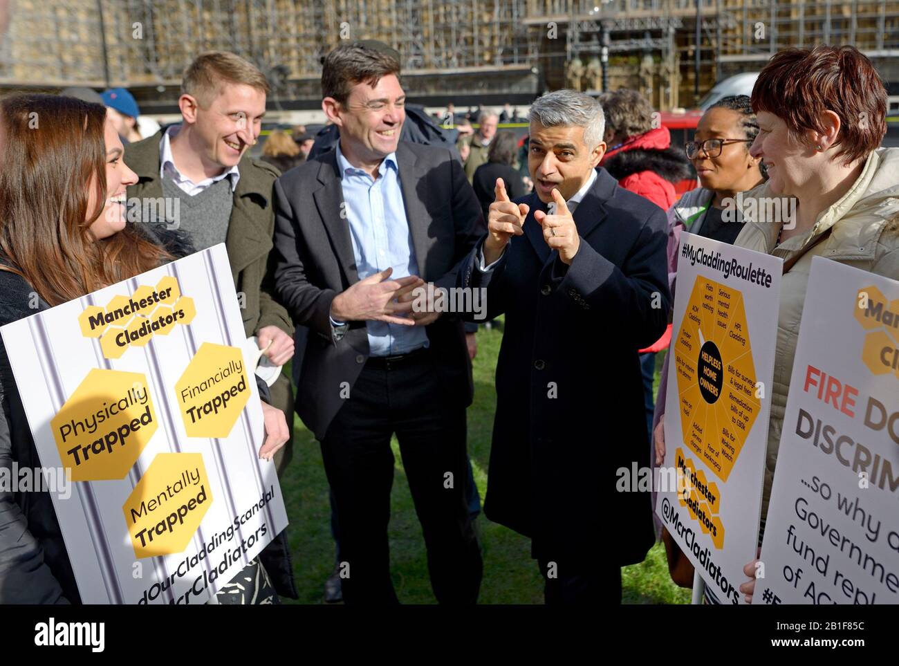 London, UK. 25th Feb, 2020. Mayor of Manchester Andy Burnham and Mayor of Salford Paul Dennett are joined by Sadiq Khan (Mayor of London) and Hilary Benn MP to lobby Government to take immediate action to support high rise residents living in unsafe buildings after the Grenfell Tower tragedy Credit: PjrFoto/Alamy Live News Stock Photo