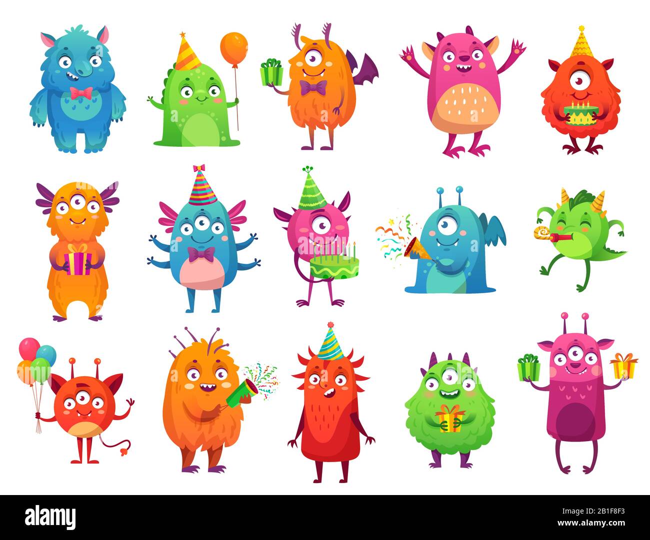 Cartoon party monsters. Cute monster happy birthday gifts, funny alien mascot and monster with greeting cake vector illustration set Stock Vector