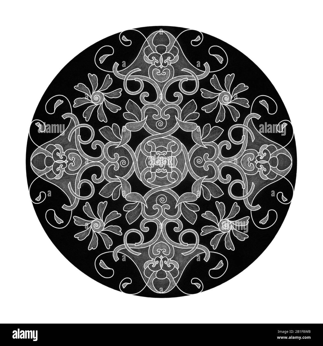 Colored pencil effects. Illustration mandala black, white and grey. Heart, spiral, bird and flower.Abstract. Decorative element. Stock Photo
