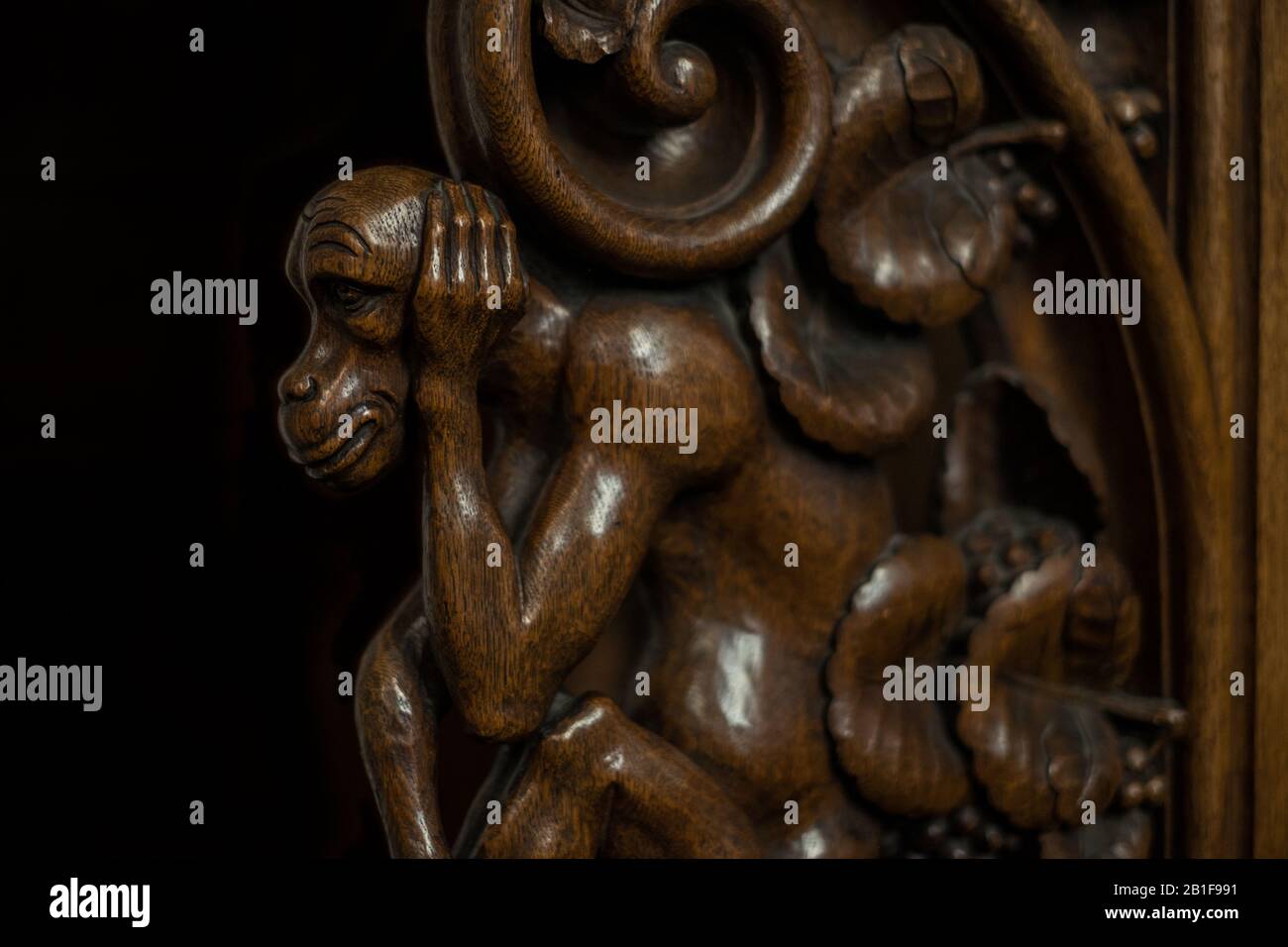 The 'St. Maria im Kapitol' church has stunning artwork. Here, at the entrance, there is a wooden sculpture of a monkey, seeminlgy with worries. Stock Photo