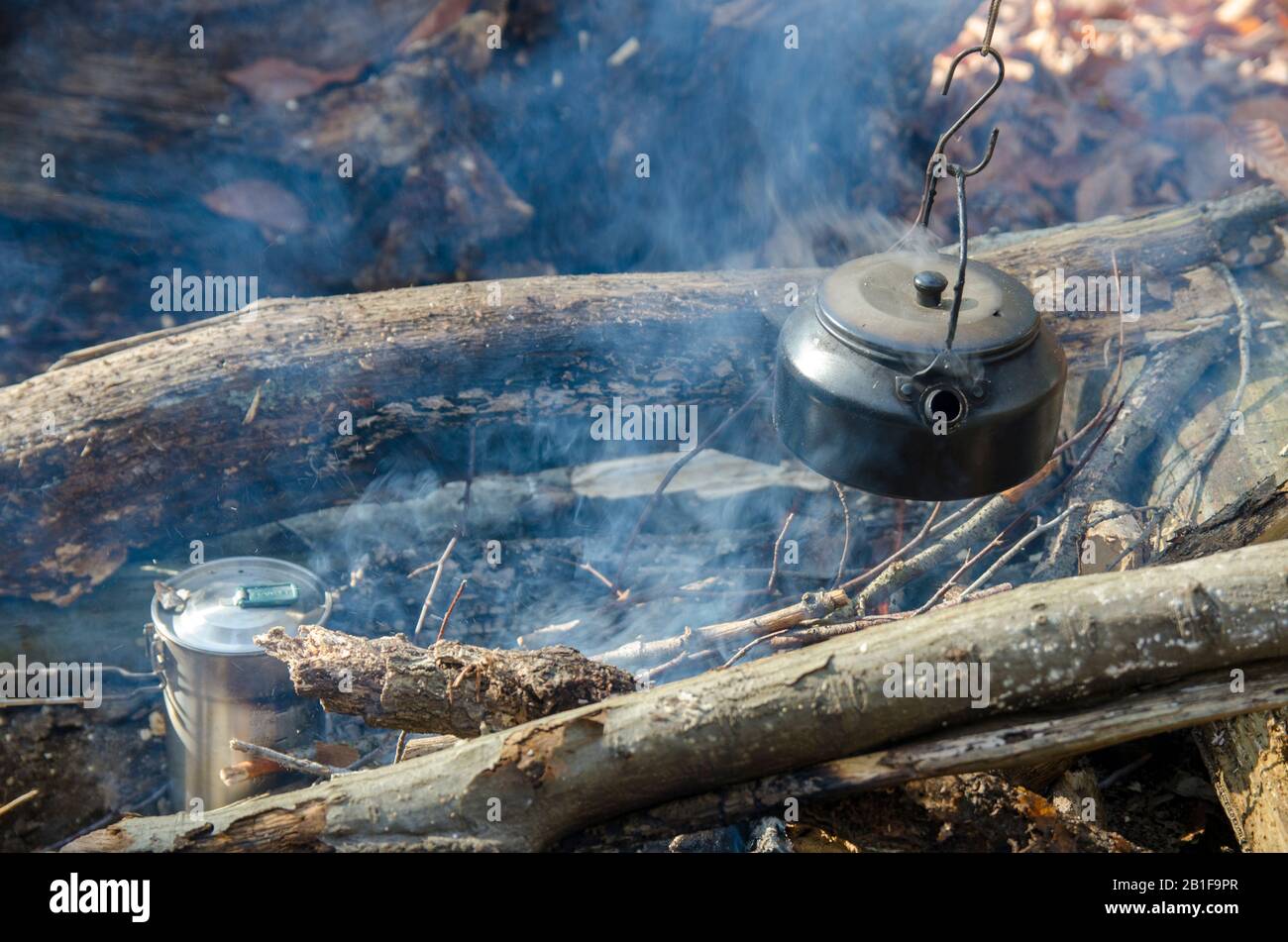 Making Tea in Camping Stock Photo Alamy