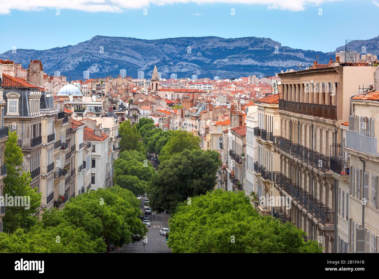 Aerial view of historical city center of Marseilles and Montee de la bonne Mere, France Stock Photo