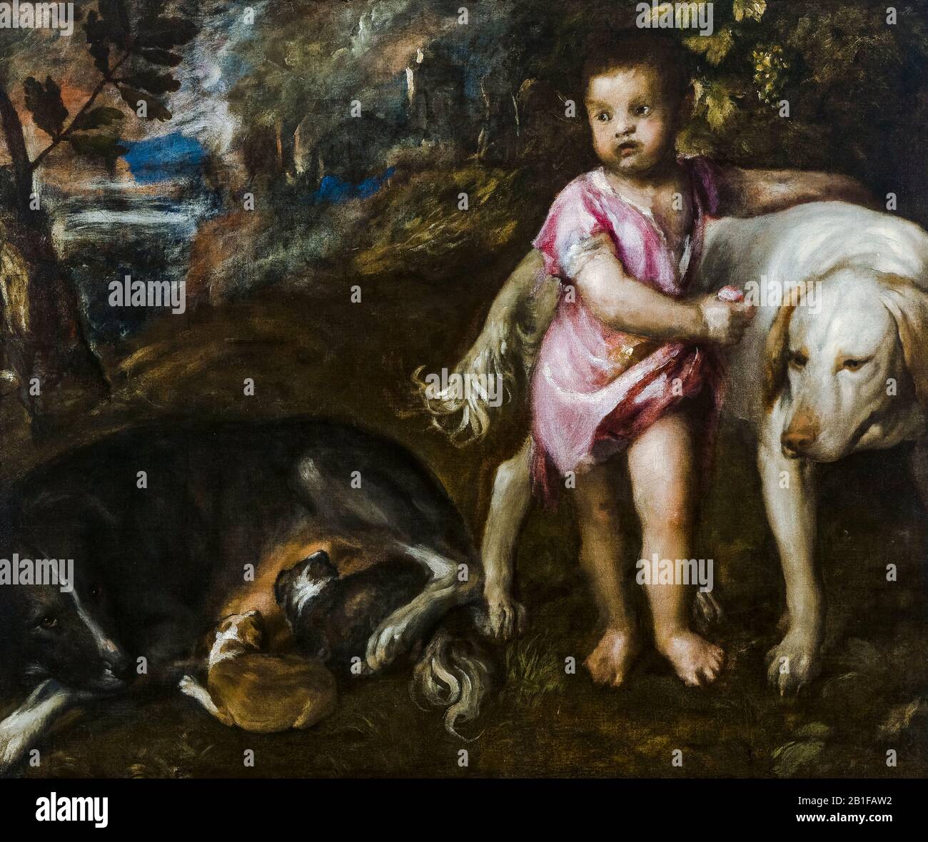 Titian, Tiziano Vecellio, Boy with Dogs in a Landscape, oil on canvas painting, 1565-1576 Stock Photo