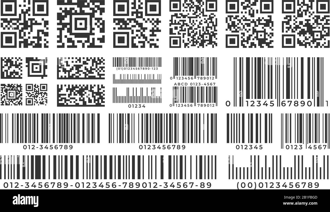 Barcodes. Scan bar label, qr code and industrial barcode. Product inventory badge, codes stripe sticker and package bars vector set Stock Vector