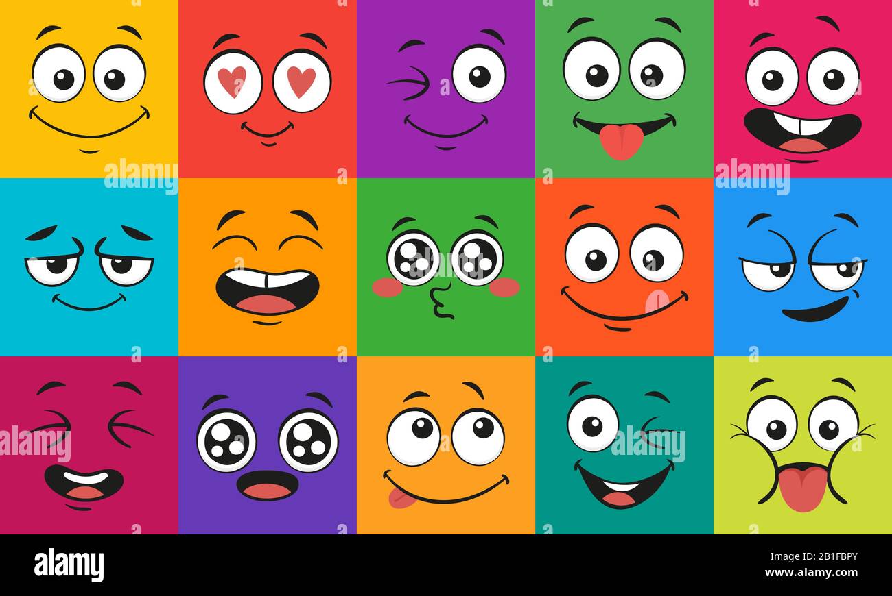 Cartoon face expressions. Happy surprised faces, doodle characters mouth and eyes vector illustration set Stock Vector