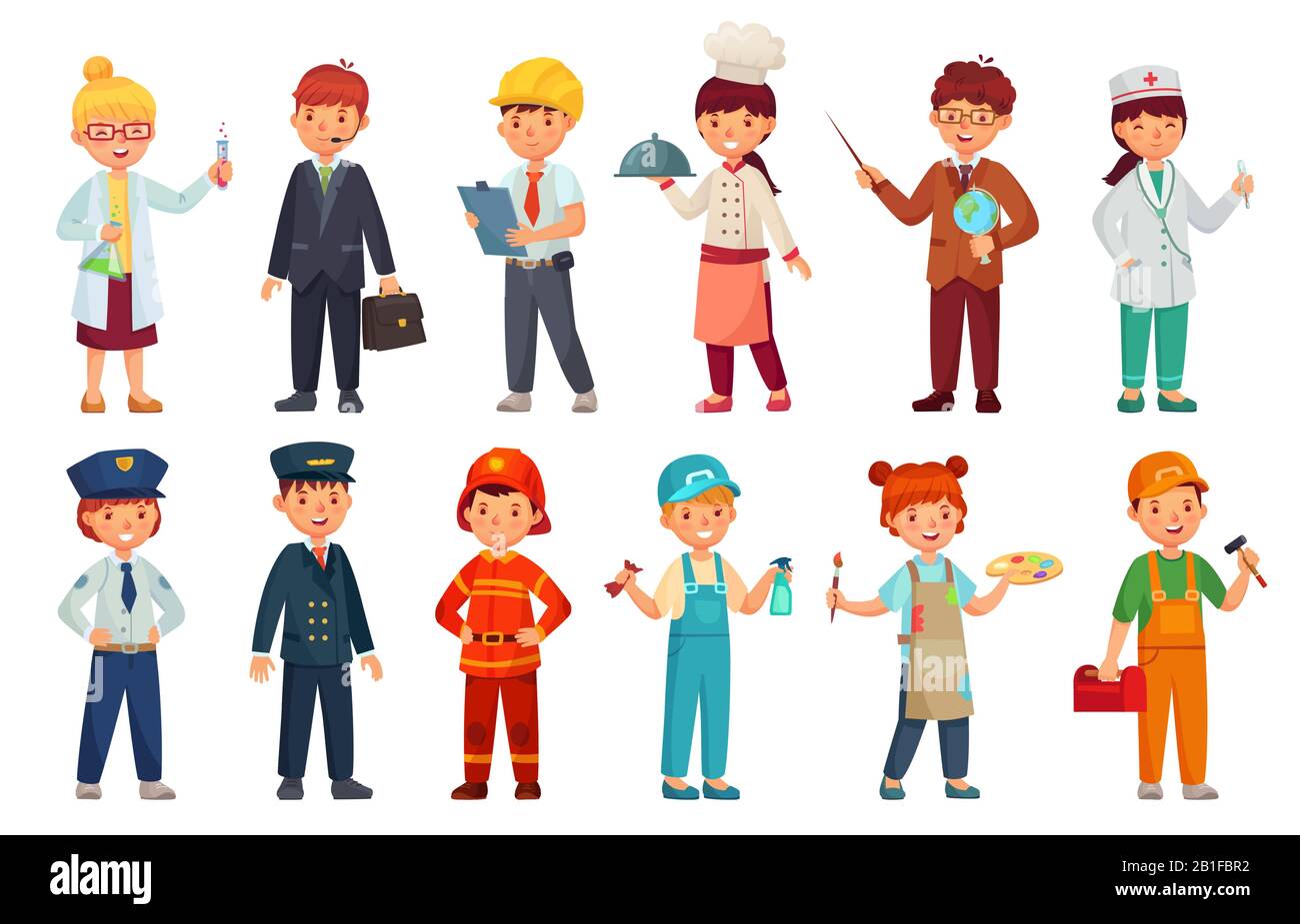 Cartoon kids in professional uniform. Doctor children outfit, businessman kid and baby engineer worker vector set Stock Vector