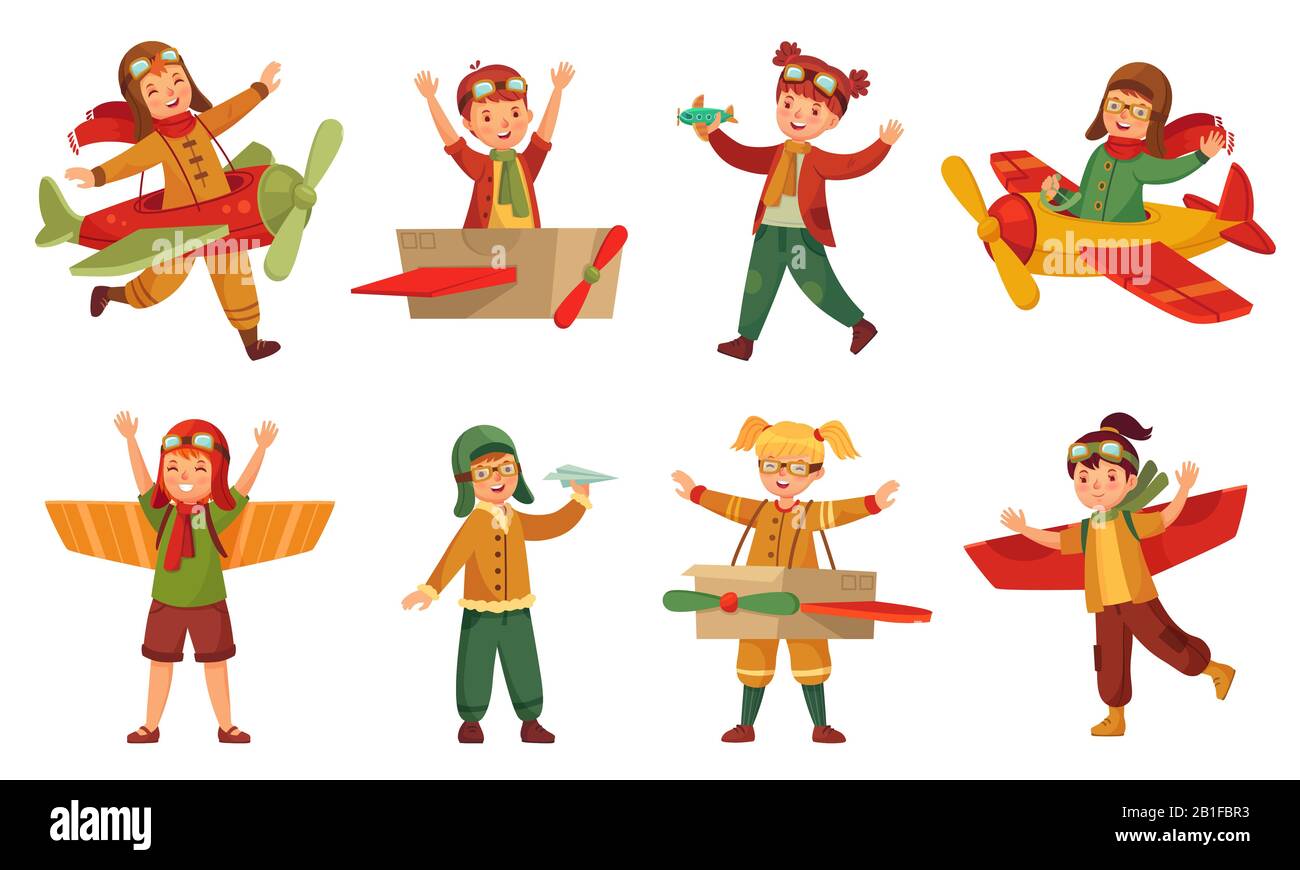 Kids in pilot costumes. Paper toy plane wings, adorable kids play with airplanes toys and child aircraft modeling vector set Stock Vector